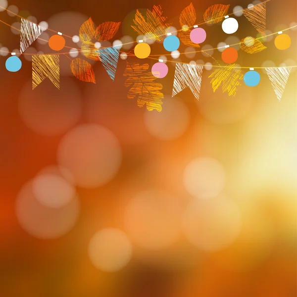 Herfst herfst kaart, banner. Tuinfeest decoratie. Garland van eik, esdoorn bladeren, lichten, vlaggen van de partij. Vectorillustratie wazig — Stockvector