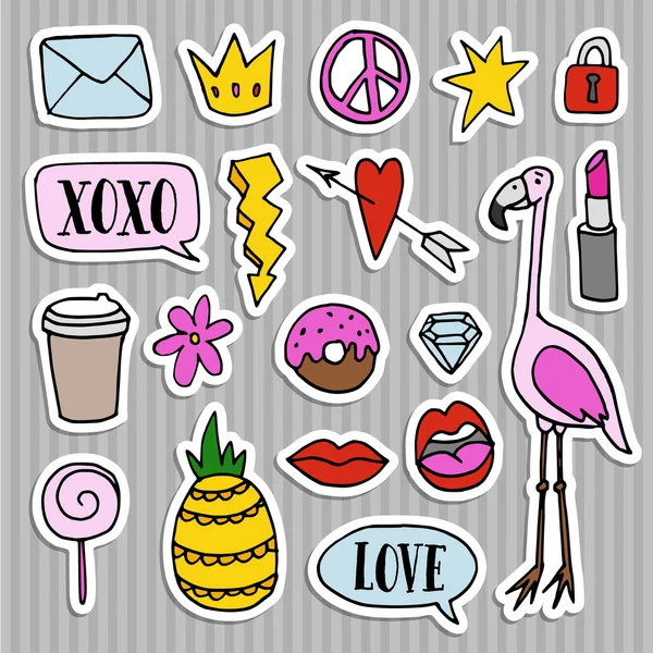 Set of fashion patches, badges, pins and stickers. Cool trendy hand drawn design. Isolatedvector objects — Stock Vector