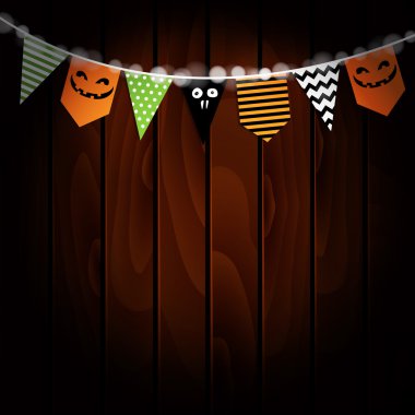 Cadılar Bayramı tebrik kartı, davet. Parti bayrakları dekorasyon. Kabak tasarım. Eski ahşap arka plan. Vektör çizim.