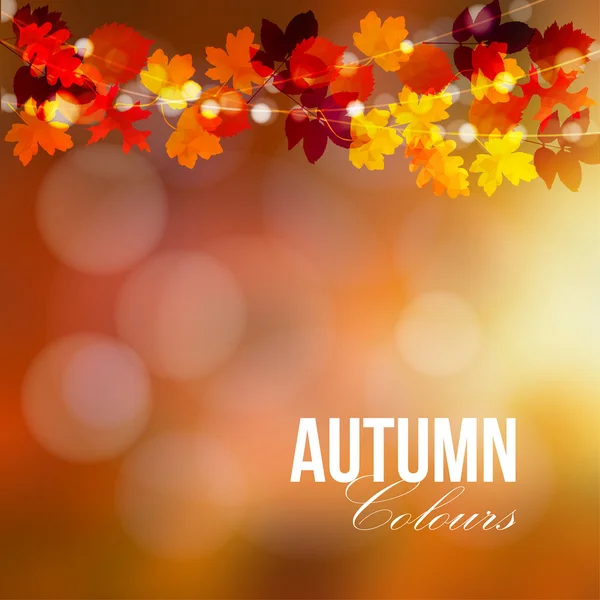 Herfst, herfst kaart, banner. Tuinfeest decoratie. Tekenreeks van veelhoekige eik, esdoorn bladeren, lichten. Moderne vectorillustratie — Stockvector