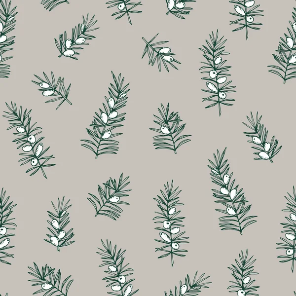 Elegant hand drawn Christmas seamless pattern. Evergreen coniferous taxus tree branches. Winter vintage engraving design. Beige vector illustration background. Floral tile for fabric, scrapbooking. — Stock Vector