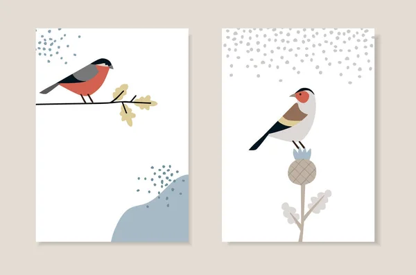 Conjunto de cartões de Natal escandinavos, convites. Bullfinch pássaro situado no ramo de carvalho. Finch europeu com cardo e neve caindo. Projeto retro nórdico, fundo de ilustração vetorial. — Vetor de Stock