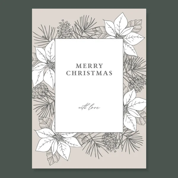 Merry Christmas, Happy New Year decorative vintage greeting card, invitation. Holiday frame of hand drawn pine tree branches and pine cones. Poinsettia elegant engraving illustration, winter design. — Stock Vector