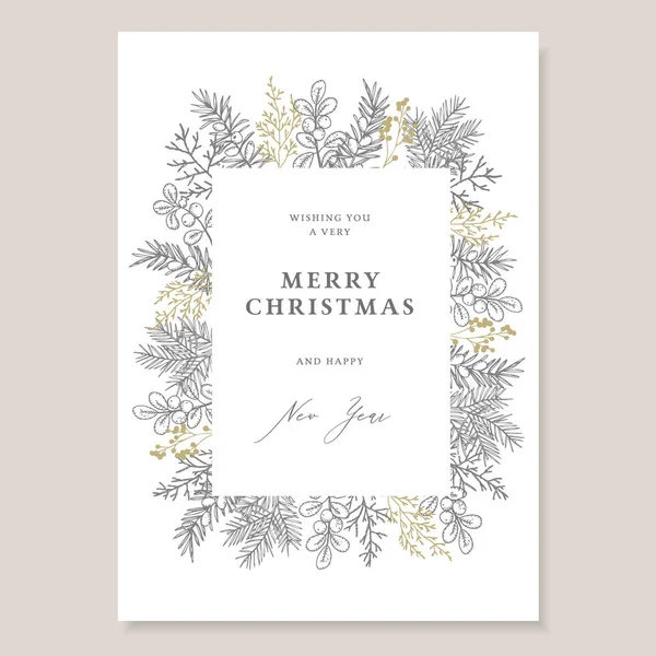 Elegante tarjeta de felicitación vintage decorativa de Navidad, invitación. Marco de vacaciones. Abeto dibujado a mano, ramas de tejo y conos de pino con arándanos. Grabado floral dorado y gris ilustraciones, invierno — Vector de stock