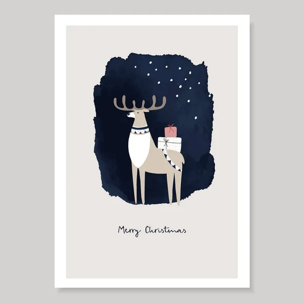 Cute Christmas greeting card, invitation. Deer carrying gift packages at night with falling snow. Deep blue watercolor textured background. Hand drawn vector illustration. — Stock Vector