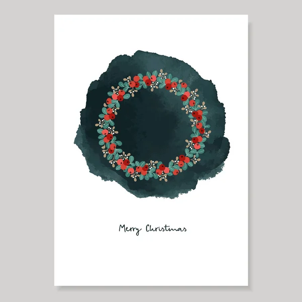 Feliz Navidad decorativa tarjeta de felicitación vintage, invitación. Círculo floral de vacaciones, marco. Corona de invierno de arándanos dibujados a mano y ramas de mistletor. Fondo con textura de acuarela verde oscuro. — Vector de stock