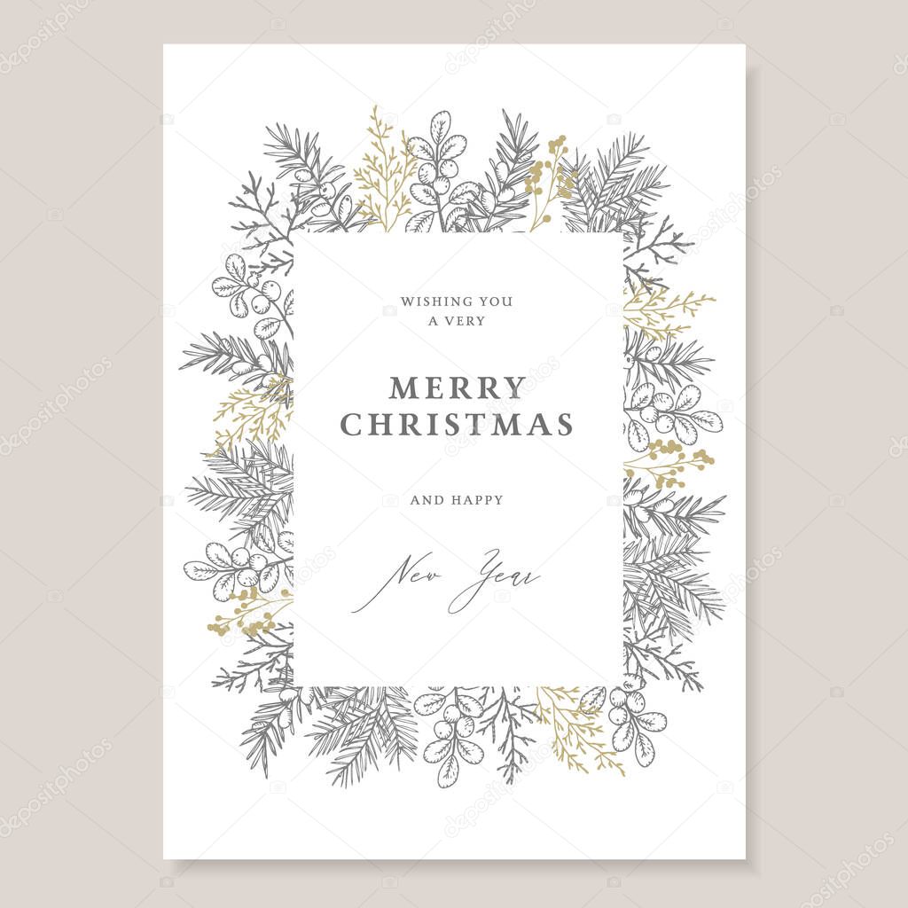 Elegant Christmas decorative vintage greeting card, invitation. Holiday frame. Hand drawn fir, yew tree branches and pine cones with cranberries. Golden and grey floral engraving illustrations, winter