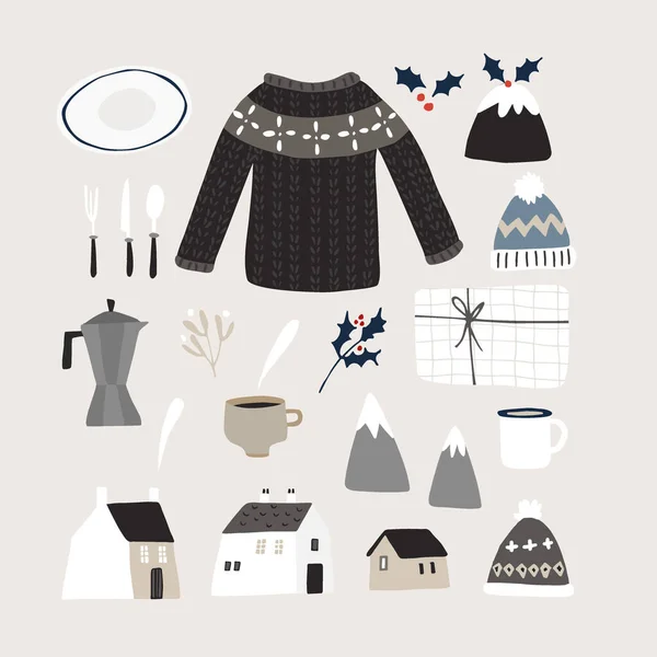 Ensemble de mode de vie de Noël mignon et icônes de la nourriture. Pull tricoté, casquette et coffrets cadeaux. Ensemble de maisons. Tasse de café, pudding et ustensiles de cuisine. Design plat scandinave vintage. Objets vectoriels isolés — Image vectorielle