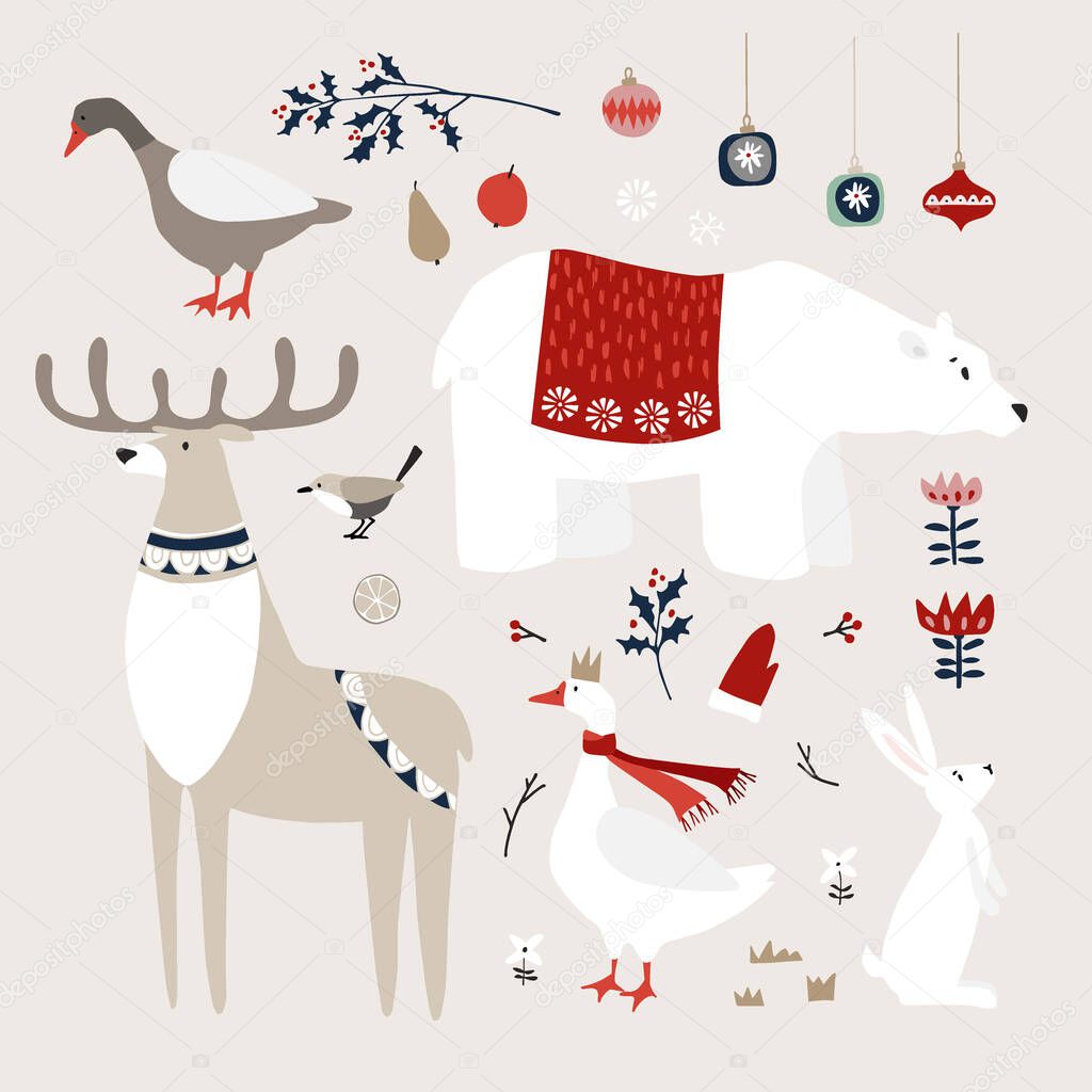 Set of cute Christmas animals, birds and decoratione icons. Polar bear, deer and goose birds with white rabbit. Christmas ornaments with holly, fruit and flowers. Vintage flat design. Isolated vectors