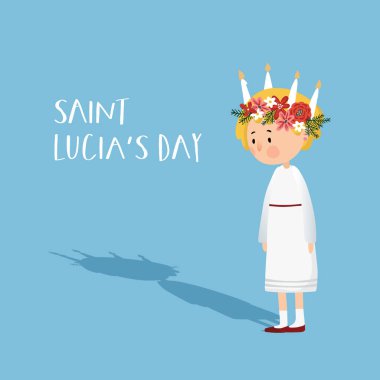 Çiçekli çelengi, mum tacı ve uzun gölgesi olan küçük sarışın kız. Aziz Lucia. İsveç Noel geleneği, vektör illüstrasyon geçmişi, düz tasarım.