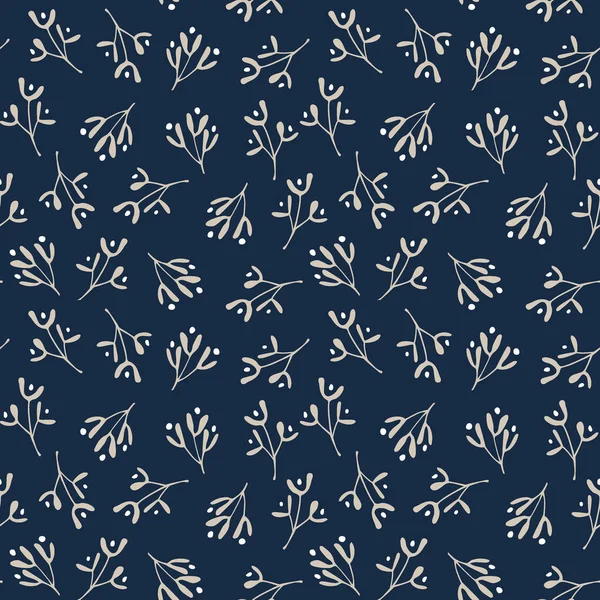 Elegant hand drawn Christmas seamless pattern with golden mistletoe and dark blue background. Winter design for textile, wrapping paper or scarpbooking. Tile vector illustration background. — Stock Vector