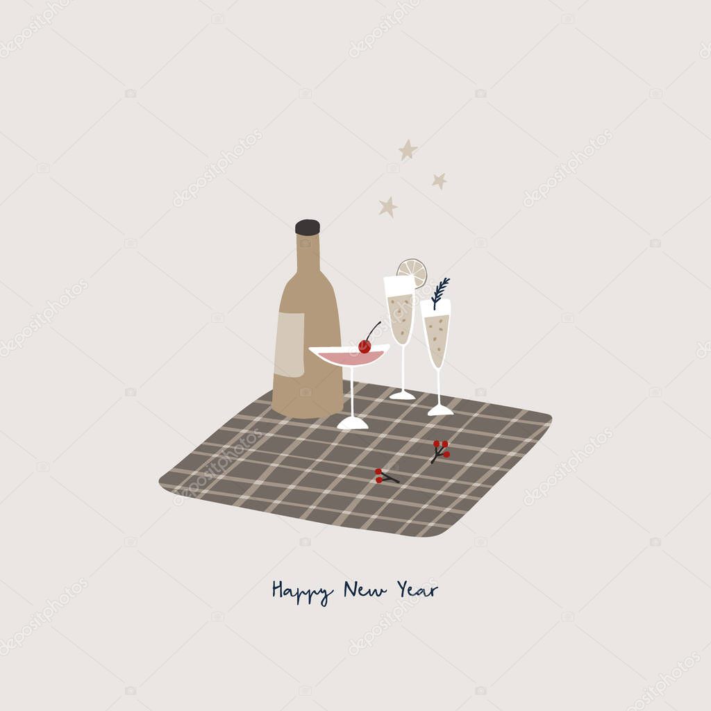 Happy New Year greeting card, invitation. Bottle of wine, champagne glasses and cocktail on checkered plaid. Berries, fir branch and golden stars. Winter birthday party and celebration concept.