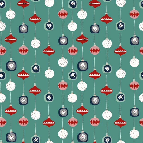 Christmas seamless pattern with colorful Christmas ornaments, balls isolated on green background. Set of decorative baubles. Hand drawn festive falt design. Winter vector illustration background — Stock Vector