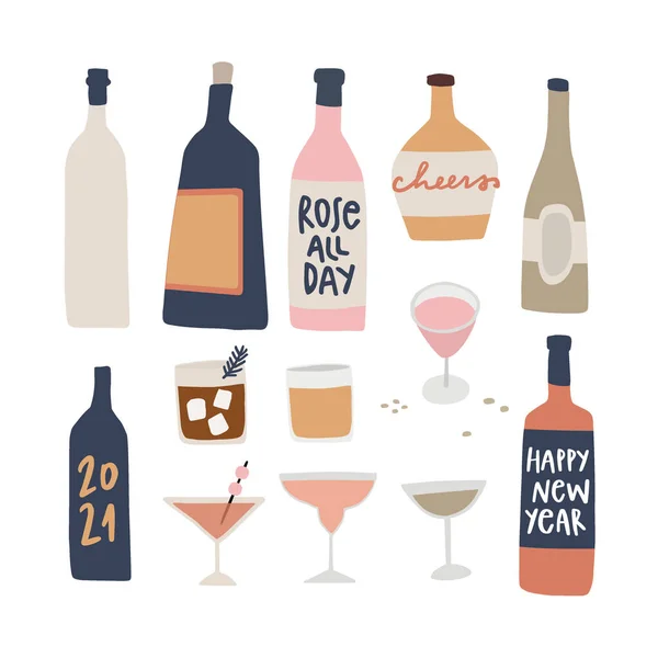 Set of hand drawn alcoholic drinks, cocktails with lettering quotes. Wine, champagne and cognac bottles. Happy New Year celebration and party concept. Isolated vector icons. Flat design. — Stock Vector