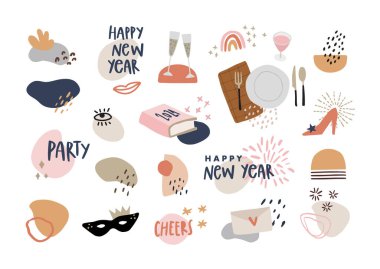 Set of hand drawn story highlights icons. Abstract geometric shapes with text and decorative objects. Happy New Year celebration. Lifestyle, food and party. Isolated vector icons. Flat design. clipart
