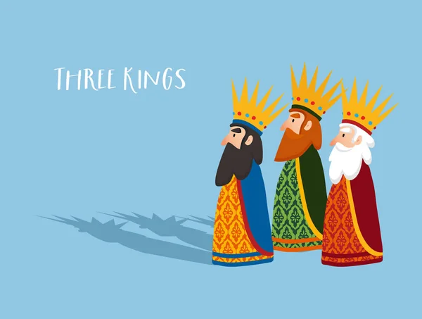 Christmas greeting card, invitation. Three old wise men, kings with crowns and shadows. Biblical magi Caspar, Melchior and Balthazar. Flat design, vector illustration background, web bannner. — Image vectorielle