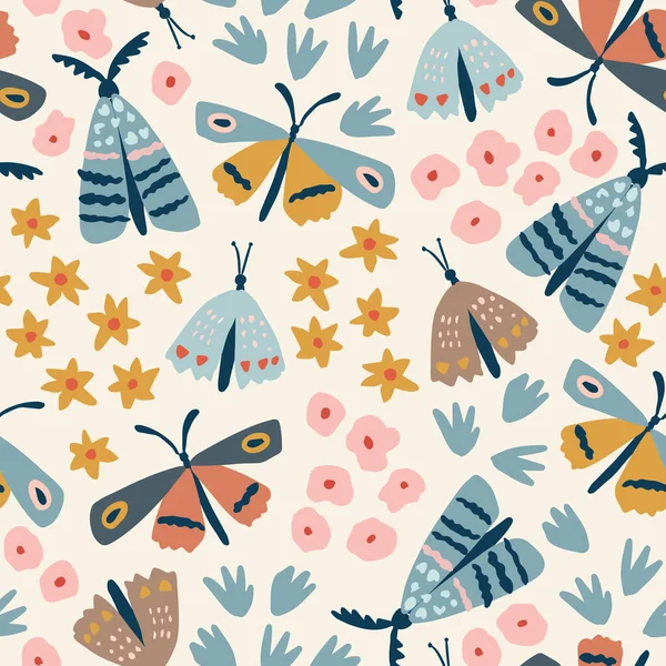 花のシームレスなパターン。蝶や蛾を飛んでカラフルな花を描いた手。織物、ファブリック、包装紙のためのフラット近代的な子供のデザイン。草地、庭のベクトルのイラストの背景. — ストックベクタ