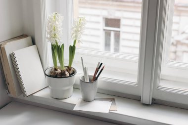 Paskalya baharı hala hayat. Tebrik kartı, kitaplar ve günlük pencere pervazında. Çiçek saksısında beyaz sümbül. Boş tebrik kartı maketi. Seramik tutacakta kalemler. Merkez ofis konsepti. İskandinav iç mimarisi