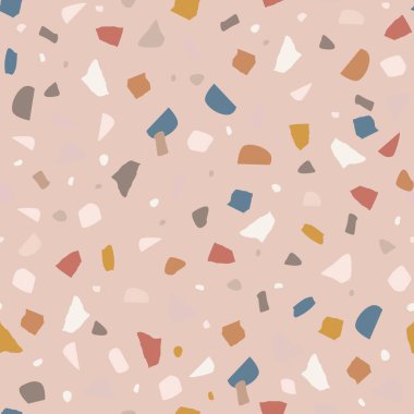 Modern terrazzo pürüzsüz desen. Dekoratif granit taş dokusu. Markalaşma, tekstil, hatıra defteri, duvar kağıtları için pastel renklerde tekrar eden fayans tasarımı. Vektör illüstrasyon arka planı.