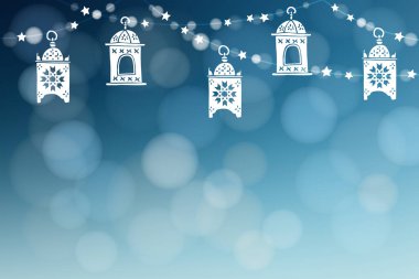 Asılan el beyaz Arap fenerleri. Bir dizi ışık ve yıldız. Müslüman cemaati için şenlikli mavi arka plan bulanık Ramazan ayı Ramazan Kareem 'in bokeh etkisi ile. Vektör illüstrasyonu