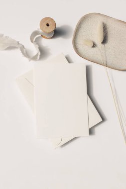 Moda yaz kırtasiyesi hala hayat dolu. Boş tebrik kartları, Lagurus ovatus çimleri, ipek kurdele ve bej masa arka planında izole seramik plaka sahnelerini taklit ediyor. Düz, üst görünüm, dikey.