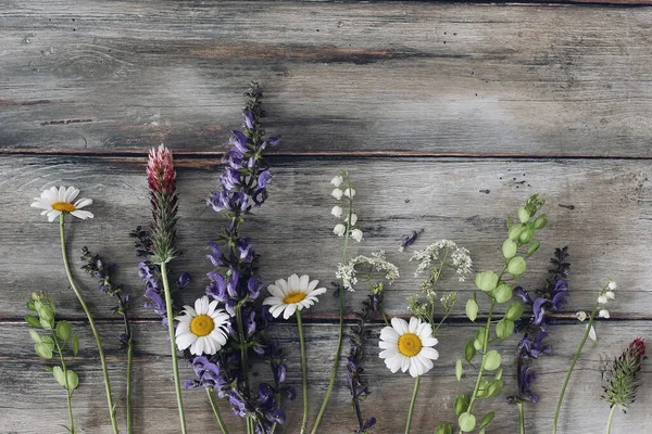 Fiori di prato selvatico su sfondo vecchio tavolo di legno. Cornice decorativa, banner floreale. Trifoglio cremisi fiorito, margherita ossea bianca, salvia e lilly delle piante della valle. — Foto Stock