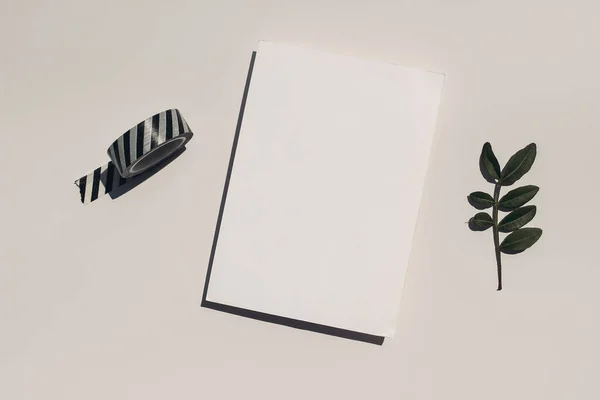 Feminine summer stationery still life. Blank greeting card mockup scene with striped washi tape and green lentisk leaf in sunlight. Beige table background, harsh shadows. Flat lay, top view. — Stock fotografie