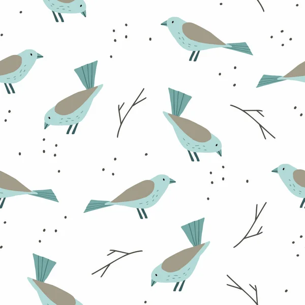 Mooie kerst naadloos, herhaald patroon. Vogels eten zaden en kale twijgen geïsoleerd op witte achtergrond. Schattig Scandinavisch winterplat ontwerp voor scrapbooking, cadeaupapier en textiel. — Stockvector