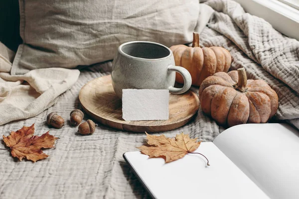 Cozy autumn morning breakfast still life. Cup of hot coffee, tea son wooden plate near window. Blank business card mockup. Fall, Thanksgiving concept. Orange pumpkins, acorns and maple leaves. — Stock Photo, Image