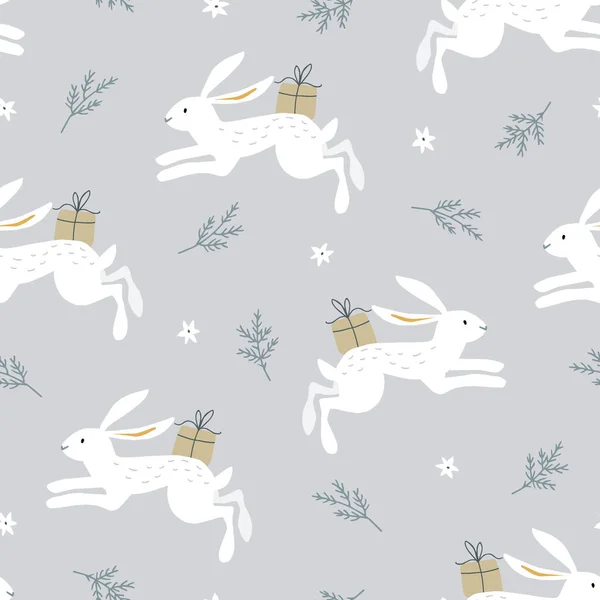 Beautiful Christmas seamless, repeated pattern. Jumping white rabbits, hares with gift boxes and fir tree branches. Blue background. Cute Scandinavian winter flat design. Scrapbooking, paper, fabric. — Stock Vector