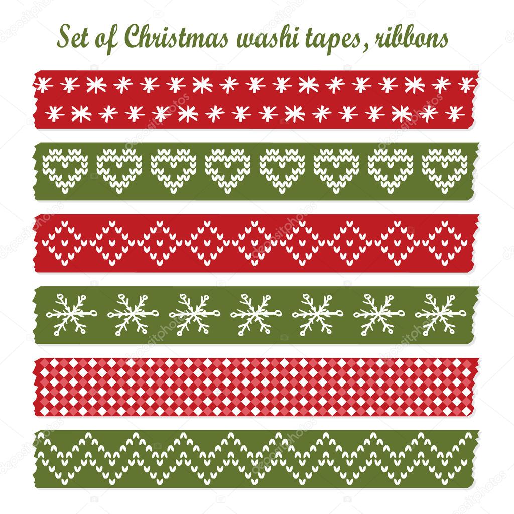 Set of vintage christmas washi tapes, ribbons, vector 