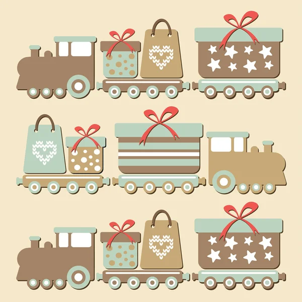 Schattig vintage christmas stoom trainen met geschenken, vector kaart — Stockvector