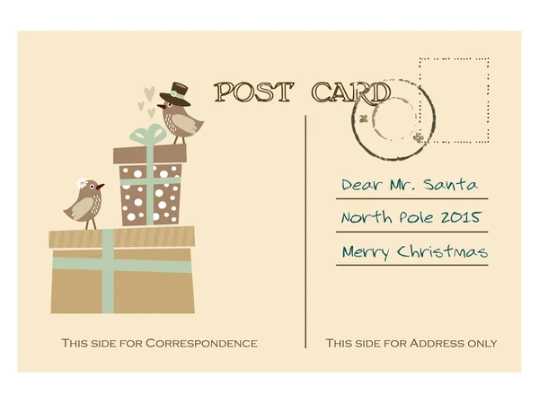 Vintage jul hälsningen postkorten med presentförpackning, fåglar — Stock vektor