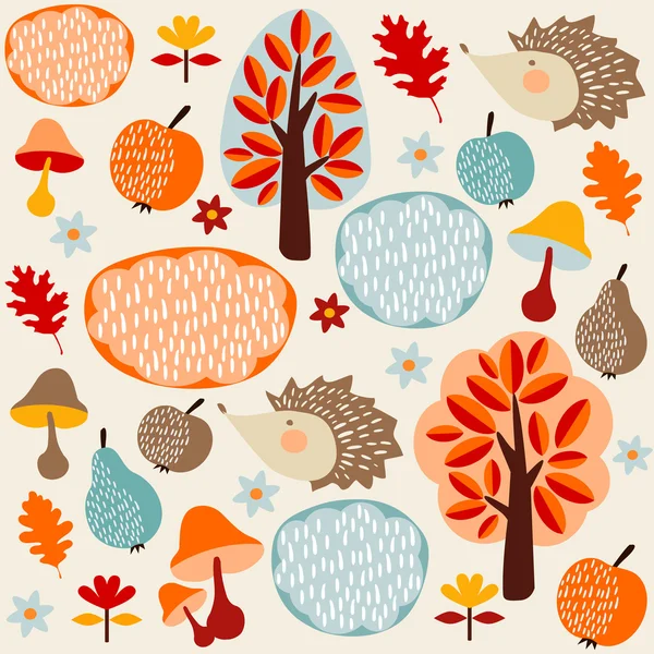 Autumn fall seamless pattern with fruit, hedgehogs,trees — Stock Vector