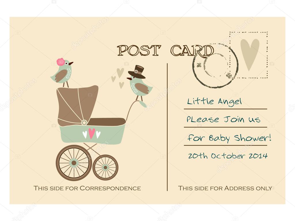 Vintage cute baby shower greeting postcard, invitation