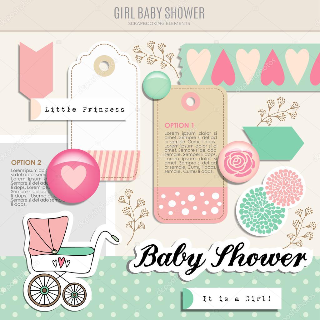 Cute set of baby shower scrapbooking elements, vector