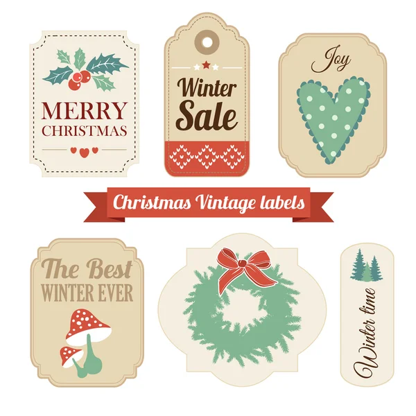 Retro reeks van vintage gift van Kerstmis, verkoop etiketten, tags — Stockvector