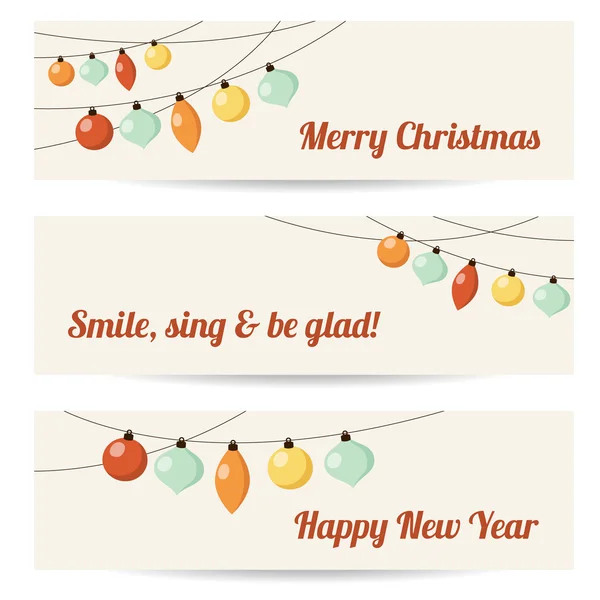 Set of retro banners with garlands, christmas balls, vector — Stock Vector