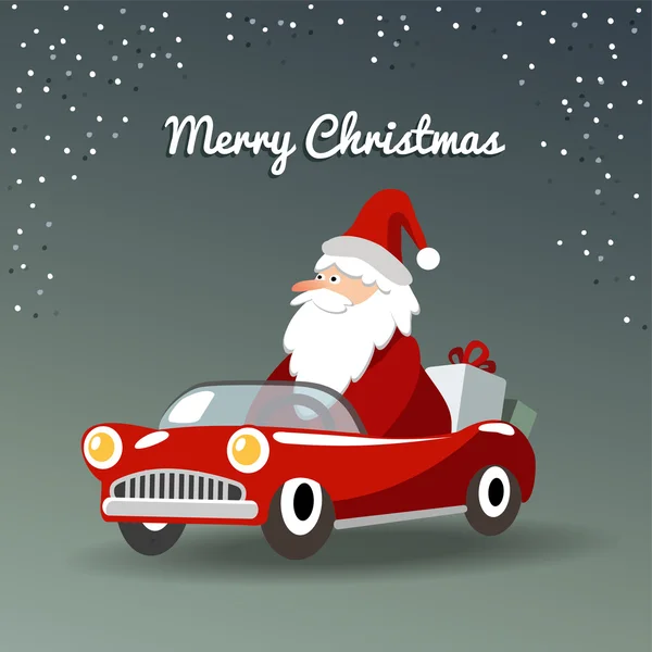 Biglietto di auguri natalizio con Babbo Natale, auto sportive retrò — Vettoriale Stock