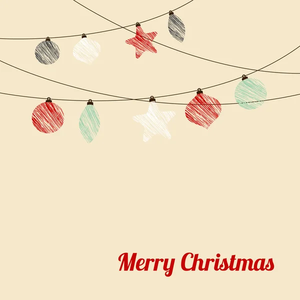 Weihnachtsgrußkarte mit Girlanden, Weihnachtskugeln, Sternen — Stockvektor