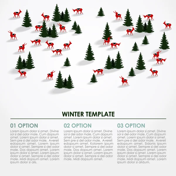 Noël hiver infographies arrière-plan, paysage enneigé, cerfs — Image vectorielle