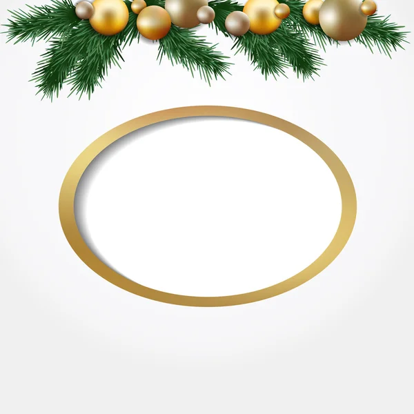 Tarjeta de felicitación de Navidad, guirnalda de ramas de abeto, bolas de oro — Vector de stock