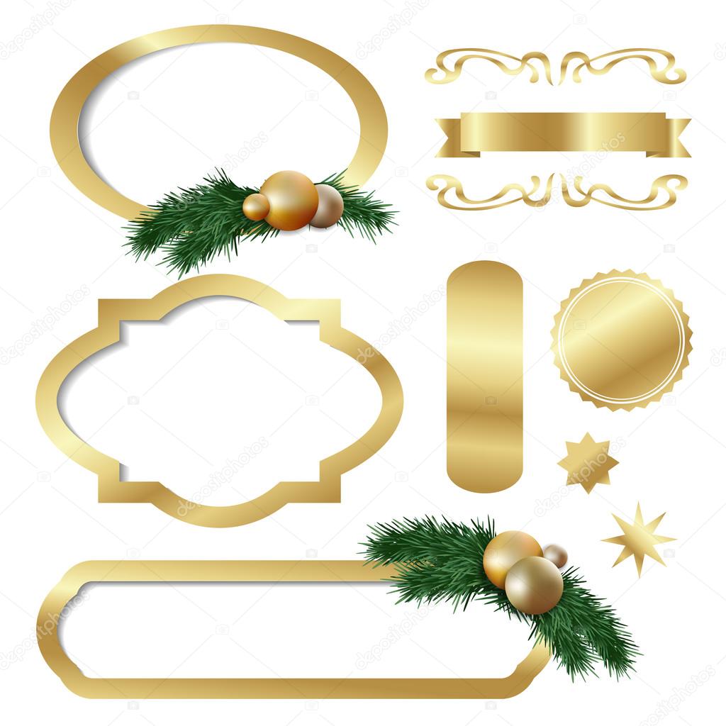 Set of gold luxury labels, frames, stars, balls, fir tree twigs, vector