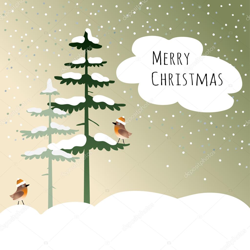 christmas card with birds, finches, in the winter wood,vector