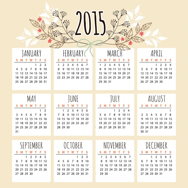 Cute calendar 2015 with floral elements, vector — Stock Vector