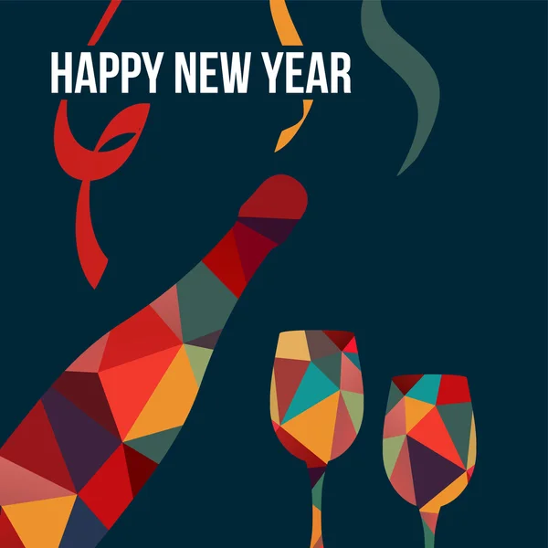 Neujahrsgrußkarte, Polygon-Flasche Wein, Gläser, Vektor — Stockvektor