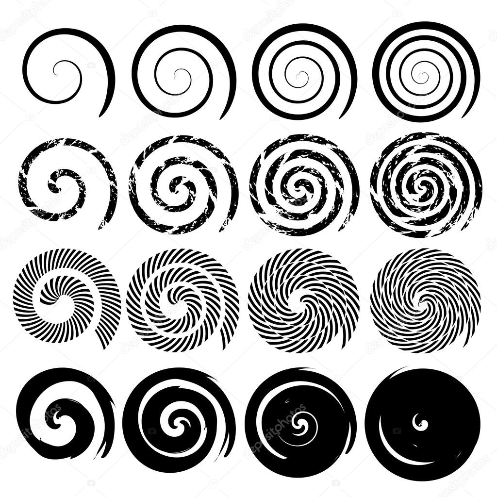 Set of spiral motion elements, black isolated vector objects