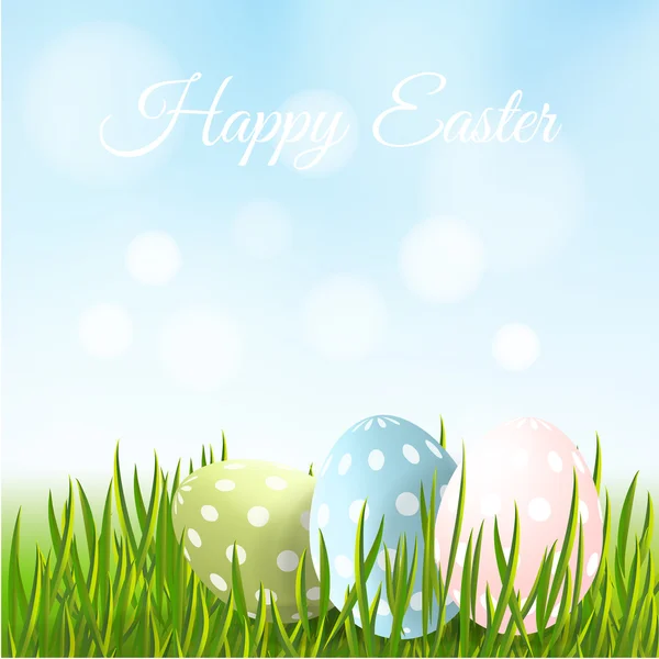Roztomilý Velikonoční přání, tečkované velikonoční vajíčka ukrytá v čerstvé zelené trávě, vektor — Stockový vektor