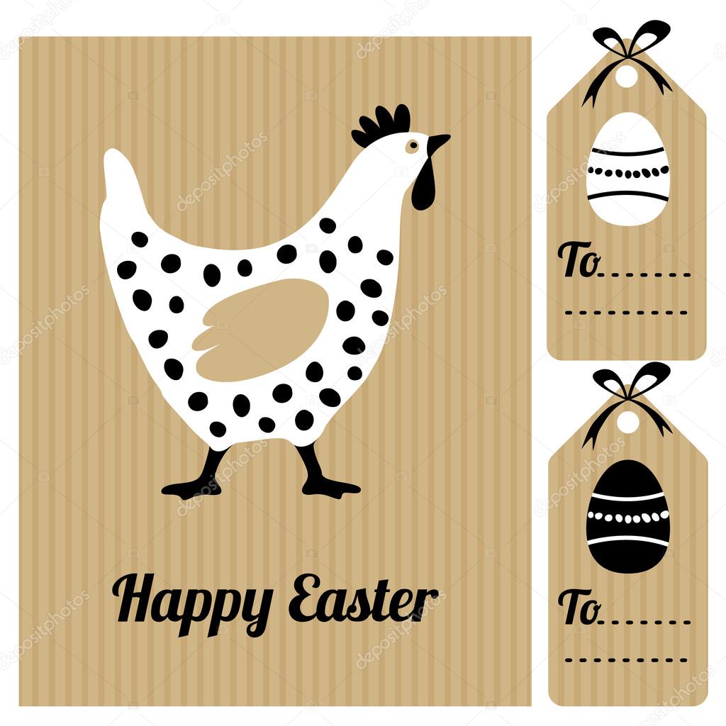 Cute easter card with hen and eggs, invitation,vector 