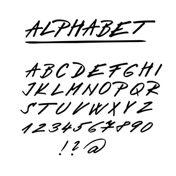 Hand getrokken vector alfabet, lettertype, geïsoleerde bovenste geval letters, cijfers — Stockvector